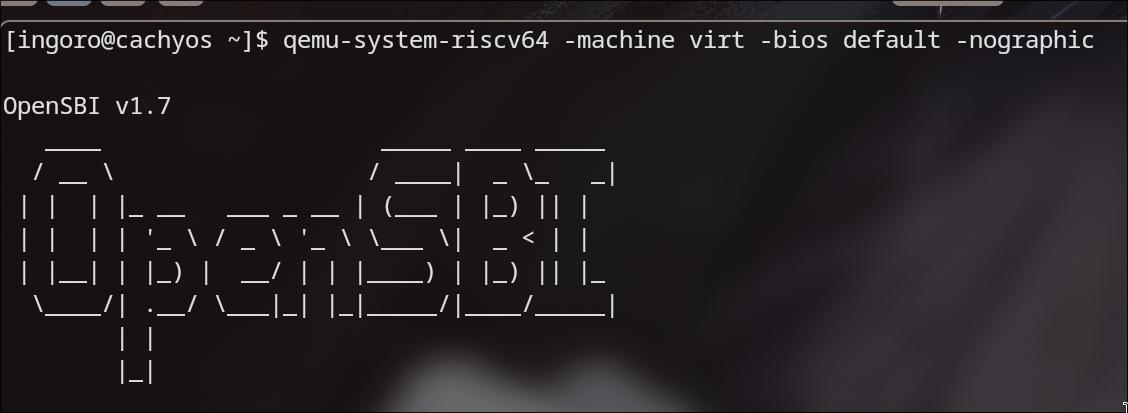 Screenshot of a terminal emulator running qemu-system-riscv64 with OpenSBI
